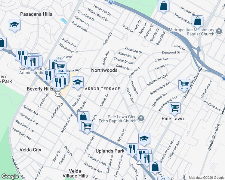 map of restaurants, bars, coffee shops, grocery stores, and more near 3834 Lawler Drive in St. Louis