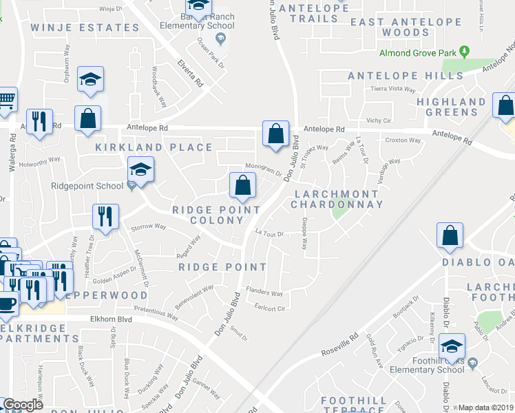 map of restaurants, bars, coffee shops, grocery stores, and more near 7344 High Point Lane in Sacramento