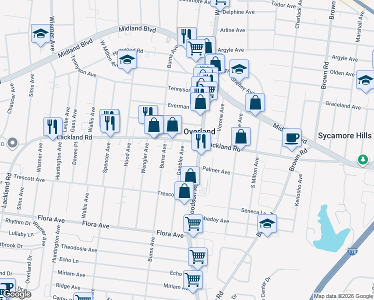 map of restaurants, bars, coffee shops, grocery stores, and more near 2347 Woodson Road in Overland