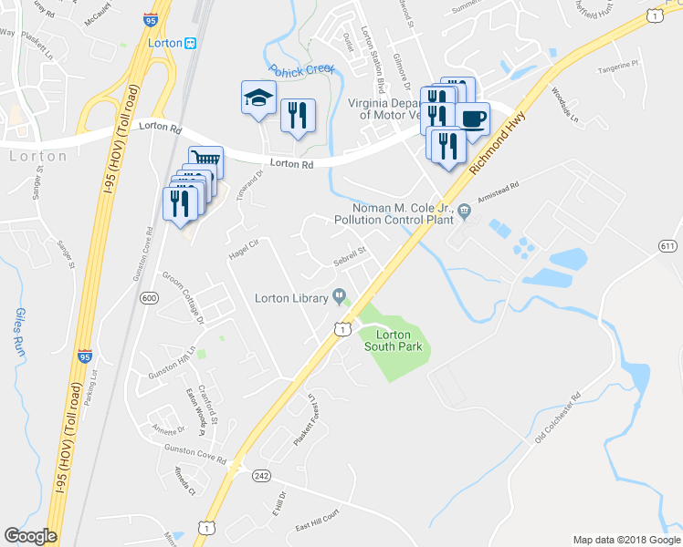 map of restaurants, bars, coffee shops, grocery stores, and more near 9500 Greencastle Lane in Lorton