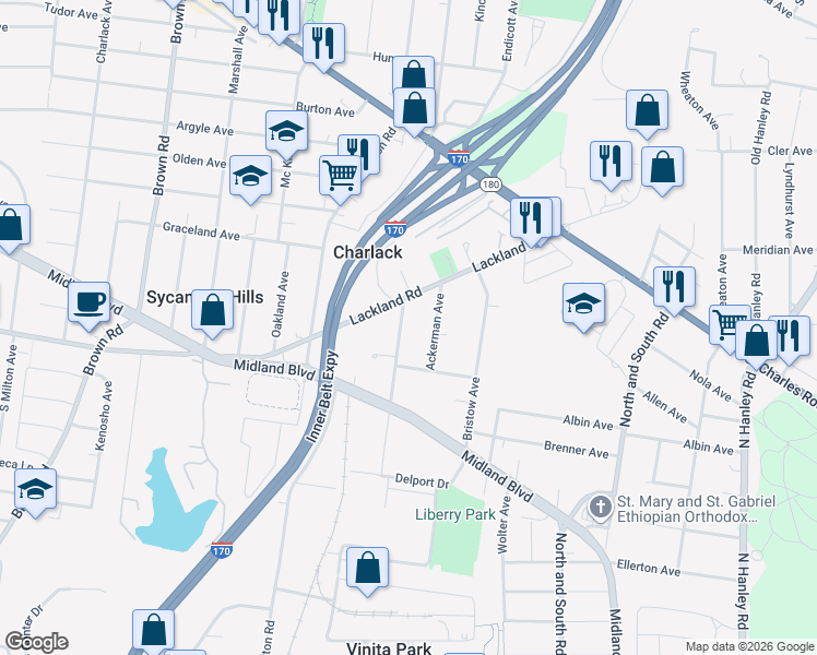map of restaurants, bars, coffee shops, grocery stores, and more near 2416 Gilrose Avenue in St. Louis