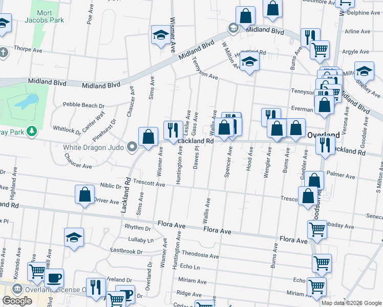 map of restaurants, bars, coffee shops, grocery stores, and more near 2361 Dawes Place in Overland