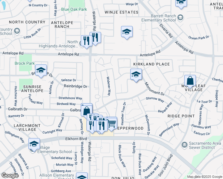 map of restaurants, bars, coffee shops, grocery stores, and more near 7336 Widener Way in Sacramento