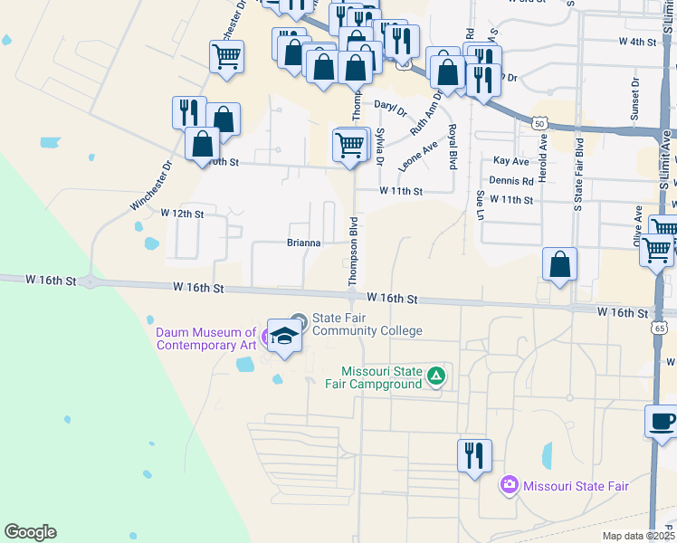 map of restaurants, bars, coffee shops, grocery stores, and more near 1520 Thompson Boulevard in Sedalia