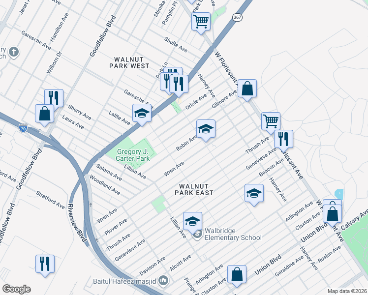 map of restaurants, bars, coffee shops, grocery stores, and more near 5236 Robin Avenue in St. Louis