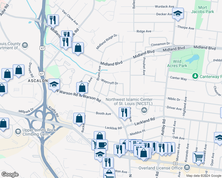 map of restaurants, bars, coffee shops, grocery stores, and more near 2338 Ritter Drive in St. Louis
