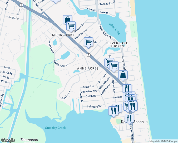 map of restaurants, bars, coffee shops, grocery stores, and more near 2 Gateway in Rehoboth Beach