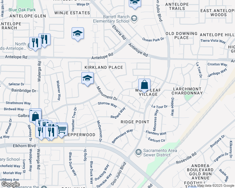 map of restaurants, bars, coffee shops, grocery stores, and more near 7333 Monogram Drive in Sacramento