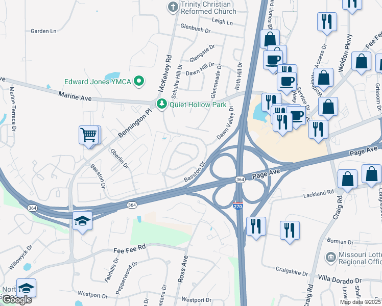 map of restaurants, bars, coffee shops, grocery stores, and more near 12405 Bur Oak Drive in St. Louis