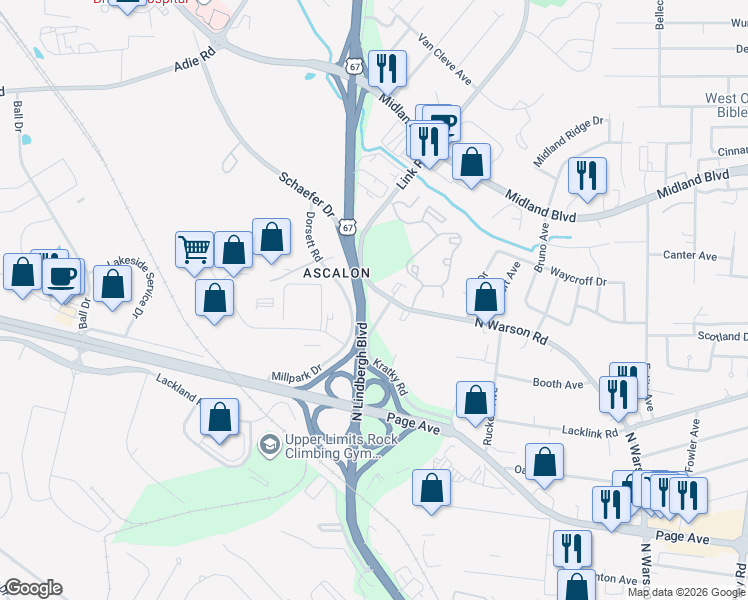 map of restaurants, bars, coffee shops, grocery stores, and more near 11114 North Warson Road in St. Louis