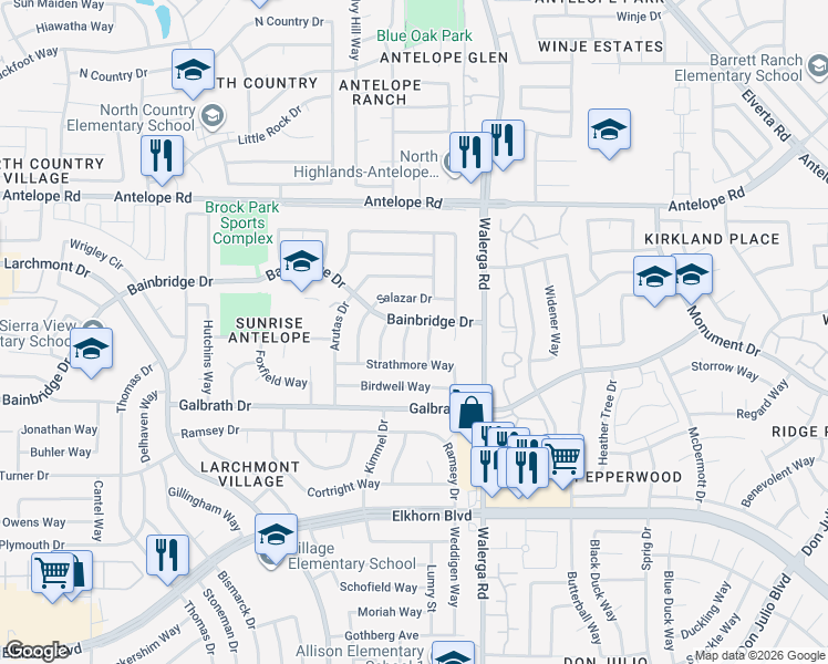 map of restaurants, bars, coffee shops, grocery stores, and more near 7294 Fair Play Drive in North Highlands