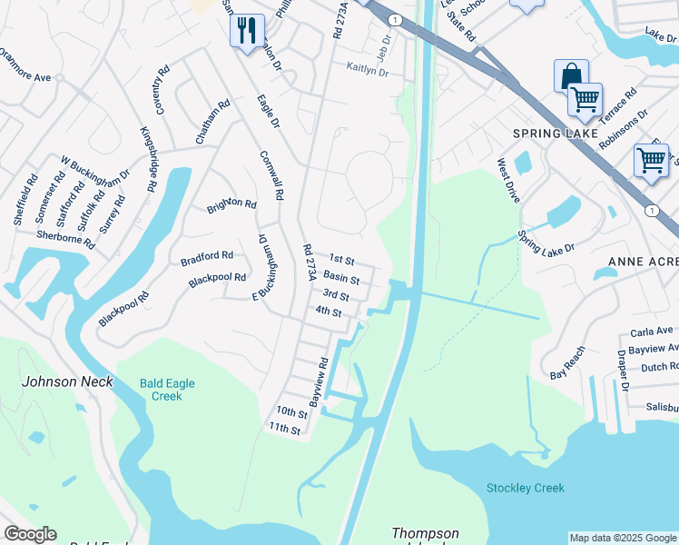 map of restaurants, bars, coffee shops, grocery stores, and more near 37433 Basin Street in Rehoboth Beach