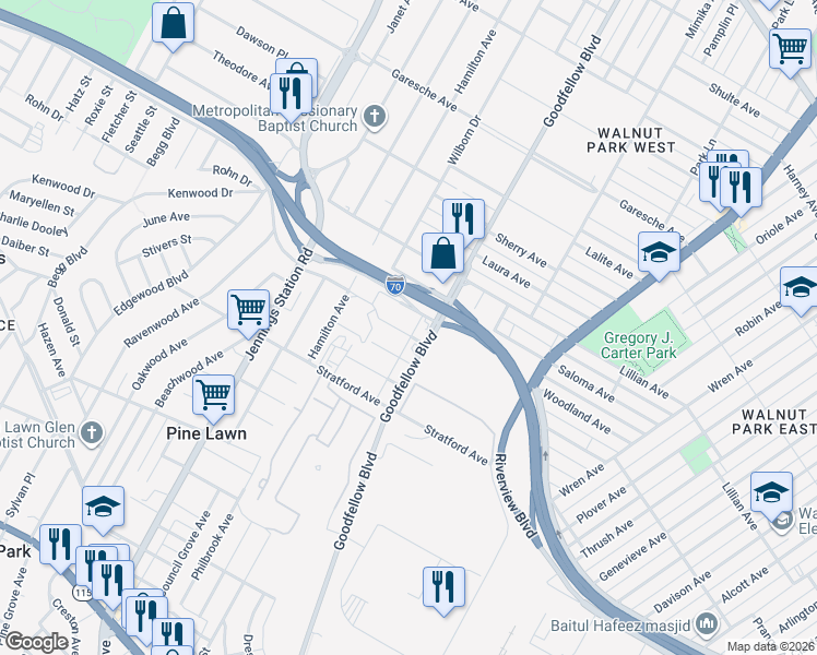 map of restaurants, bars, coffee shops, grocery stores, and more near 6319 Windham Avenue in St. Louis