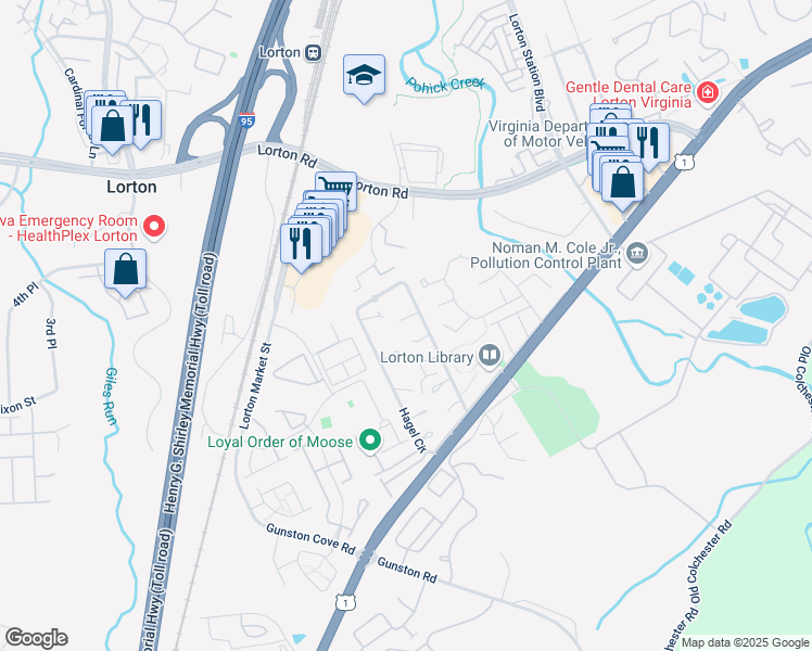 map of restaurants, bars, coffee shops, grocery stores, and more near 9658 Hagel Circle in Lorton