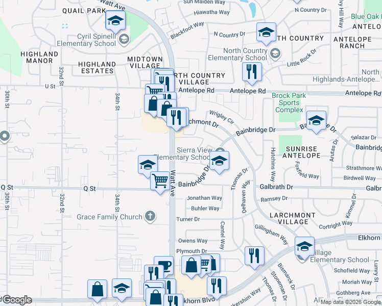 map of restaurants, bars, coffee shops, grocery stores, and more near 7350 Watt Avenue in North Highlands