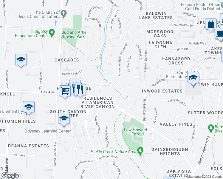 map of restaurants, bars, coffee shops, grocery stores, and more near 608 Landrise Court in Folsom