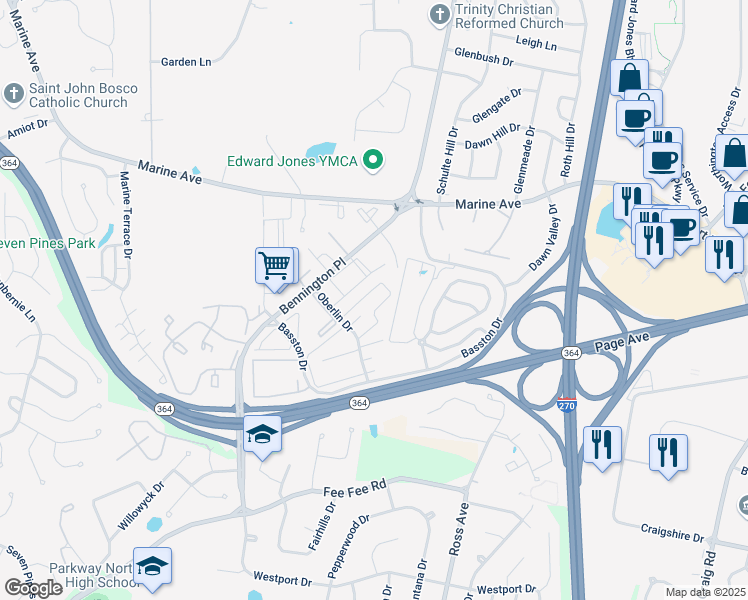 map of restaurants, bars, coffee shops, grocery stores, and more near 12374 Ardwick Lane in St. Louis