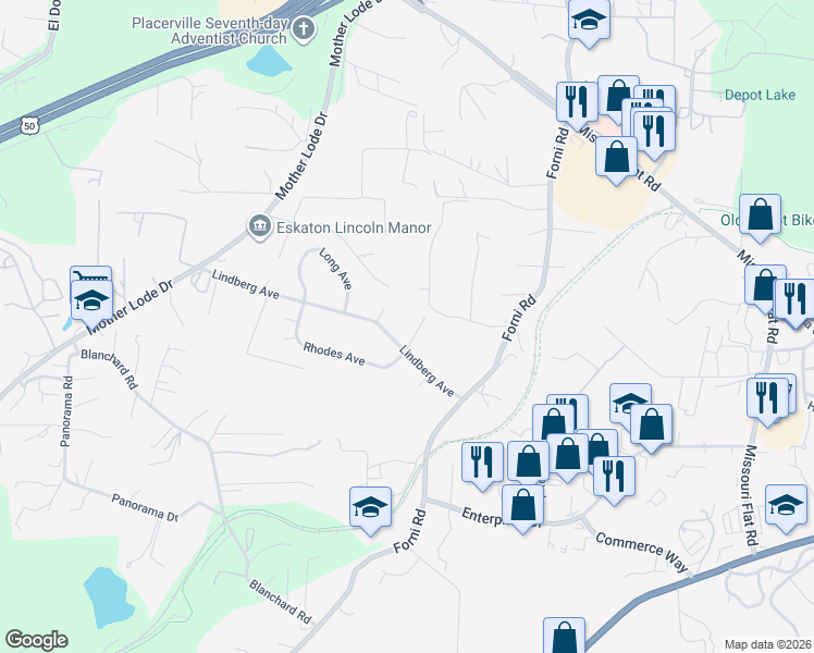 map of restaurants, bars, coffee shops, grocery stores, and more near 4084 Betty Jean Court in Placerville