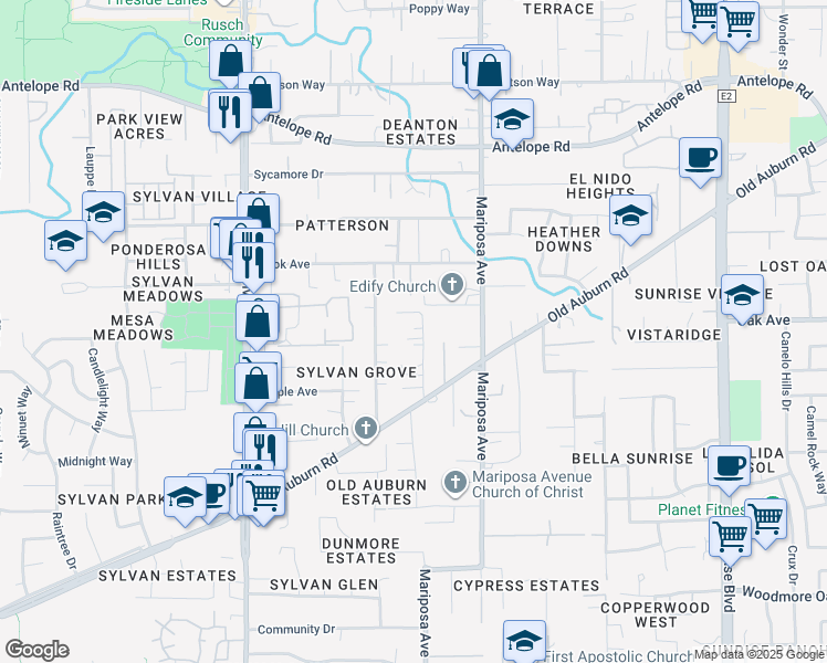 map of restaurants, bars, coffee shops, grocery stores, and more near 7353 Sidney Drive in Citrus Heights