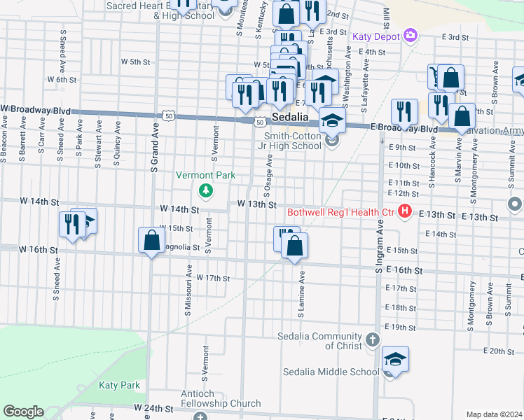 map of restaurants, bars, coffee shops, grocery stores, and more near in Sedalia