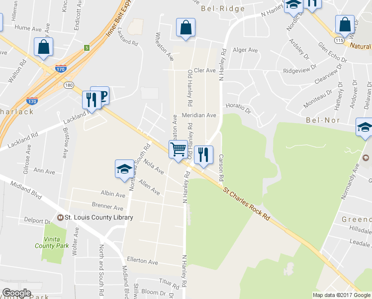 map of restaurants, bars, coffee shops, grocery stores, and more near 2719 Old Hanley Road in St. Louis