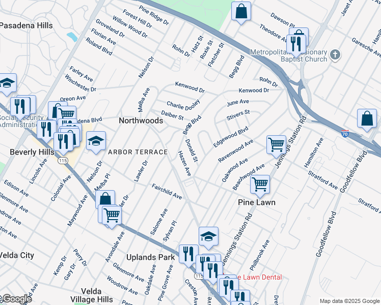 map of restaurants, bars, coffee shops, grocery stores, and more near 6618 Donald Street in St. Louis