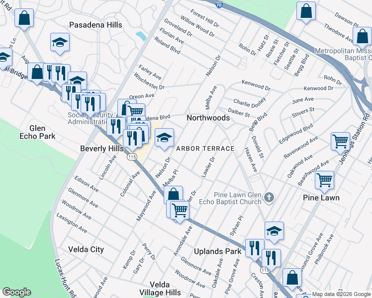 map of restaurants, bars, coffee shops, grocery stores, and more near 3815 Melba Place in St. Louis