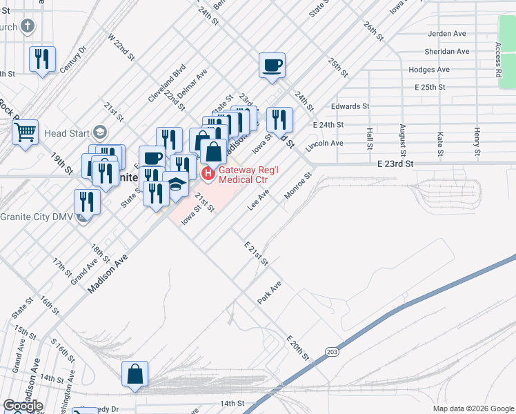 map of restaurants, bars, coffee shops, grocery stores, and more near 2144 Lee Avenue in Granite City