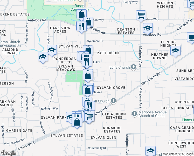 map of restaurants, bars, coffee shops, grocery stores, and more near 7541 Willow Way in Citrus Heights