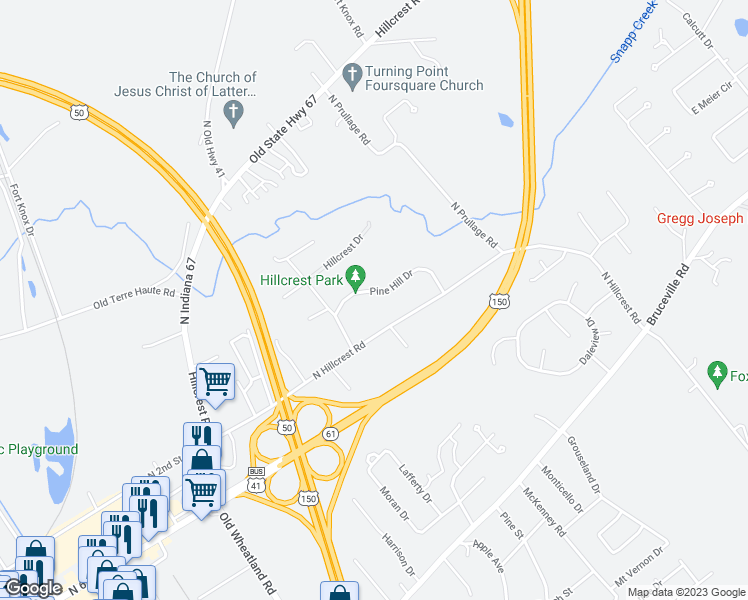 map of restaurants, bars, coffee shops, grocery stores, and more near 2699 Pine Hill Drive in Vincennes