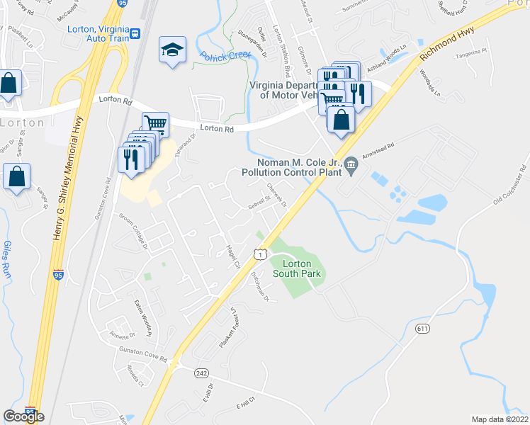 map of restaurants, bars, coffee shops, grocery stores, and more near 9503 Greencastle Lane in Lorton