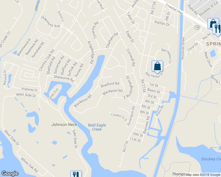 map of restaurants, bars, coffee shops, grocery stores, and more near 36 Blackpool Road in Rehoboth Beach