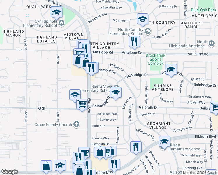 map of restaurants, bars, coffee shops, grocery stores, and more near 7322 Rutherford Way in North Highlands