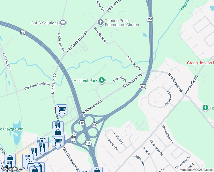 map of restaurants, bars, coffee shops, grocery stores, and more near 2699 Pine Hill Drive in Vincennes