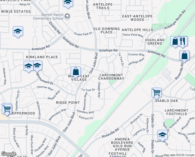 map of restaurants, bars, coffee shops, grocery stores, and more near 7329 Dieppe Way in Sacramento