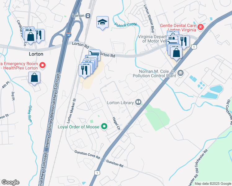 map of restaurants, bars, coffee shops, grocery stores, and more near 9655 Hagel Circle in Lorton