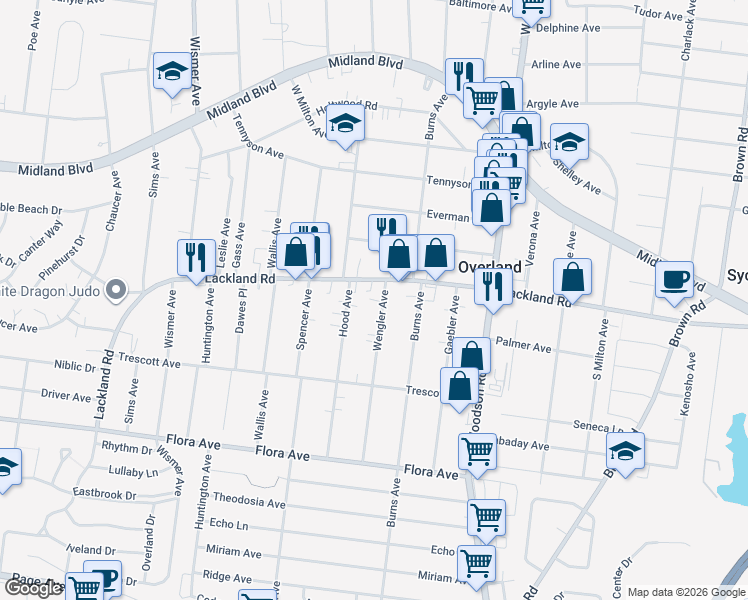 map of restaurants, bars, coffee shops, grocery stores, and more near 2353 Wengler Avenue in Overland