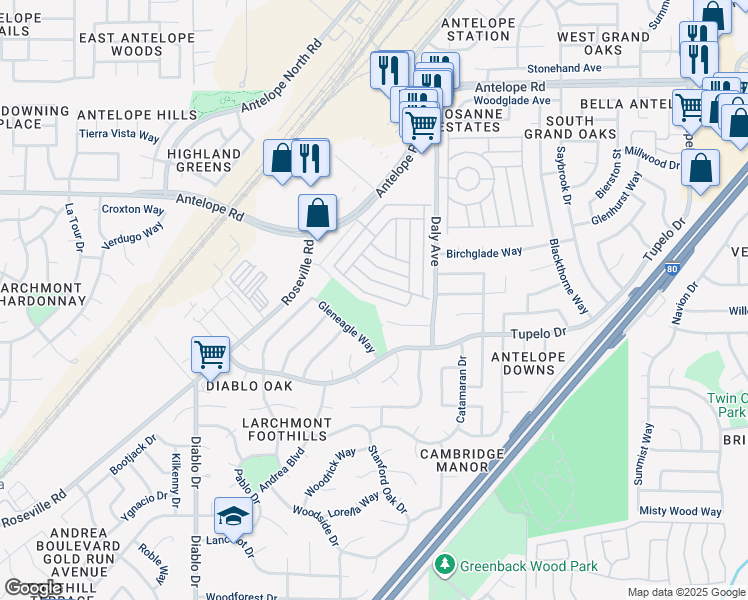 map of restaurants, bars, coffee shops, grocery stores, and more near 5860 Hobbs Lane in Sacramento