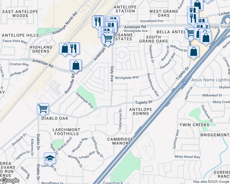 map of restaurants, bars, coffee shops, grocery stores, and more near 5904 Trawler Way in Citrus Heights