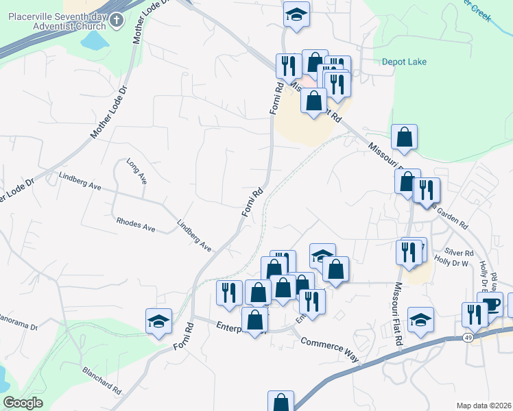map of restaurants, bars, coffee shops, grocery stores, and more near 4031 Forni Road in Placerville