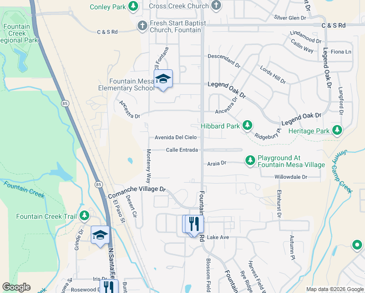 map of restaurants, bars, coffee shops, grocery stores, and more near 525 Calle Entrada in Fountain