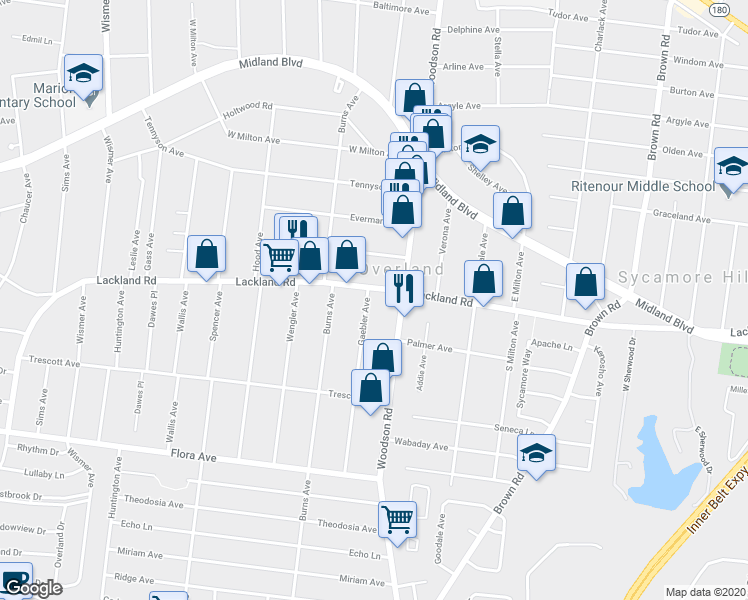 map of restaurants, bars, coffee shops, grocery stores, and more near 2347 Woodson Road in Overland