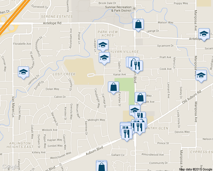 map of restaurants, bars, coffee shops, grocery stores, and more near 7330 Carriage Drive in Citrus Heights