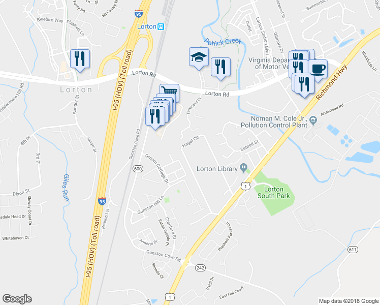 map of restaurants, bars, coffee shops, grocery stores, and more near 9749 Hagel Circle in Lorton