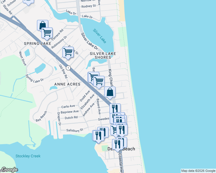 map of restaurants, bars, coffee shops, grocery stores, and more near 103 Chicago Street in Dewey Beach