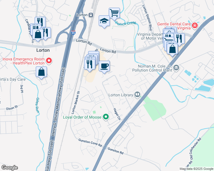 map of restaurants, bars, coffee shops, grocery stores, and more near 9749 Hagel Circle in Lorton