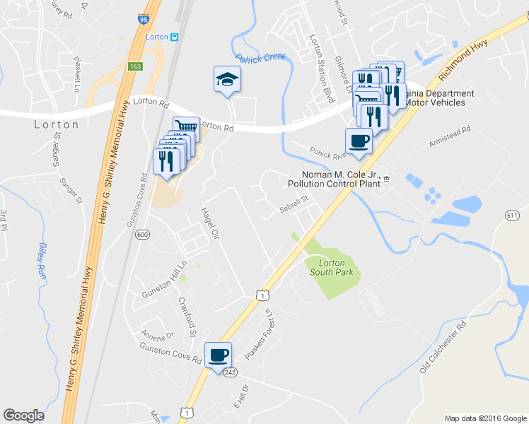 map of restaurants, bars, coffee shops, grocery stores, and more near 7836 Shepherd Hills Ct in Lorton