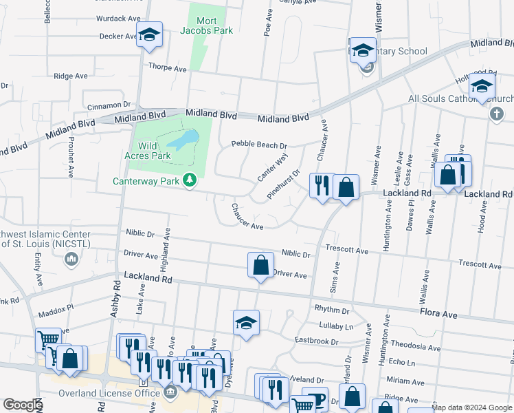map of restaurants, bars, coffee shops, grocery stores, and more near 10136 Pinehurst Drive in St. Louis
