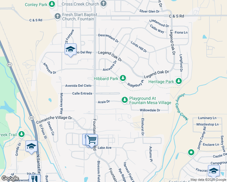 map of restaurants, bars, coffee shops, grocery stores, and more near 725 Calle Entrada in Fountain