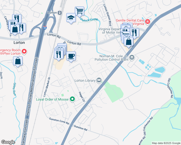map of restaurants, bars, coffee shops, grocery stores, and more near 7836 Shepherd Hills Ct in Lorton